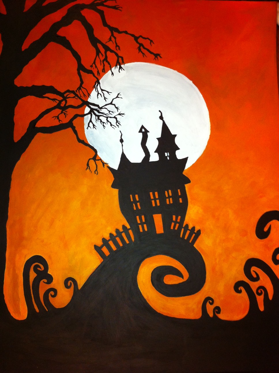 a black haunted house in front of a full moon and orange-yellow background