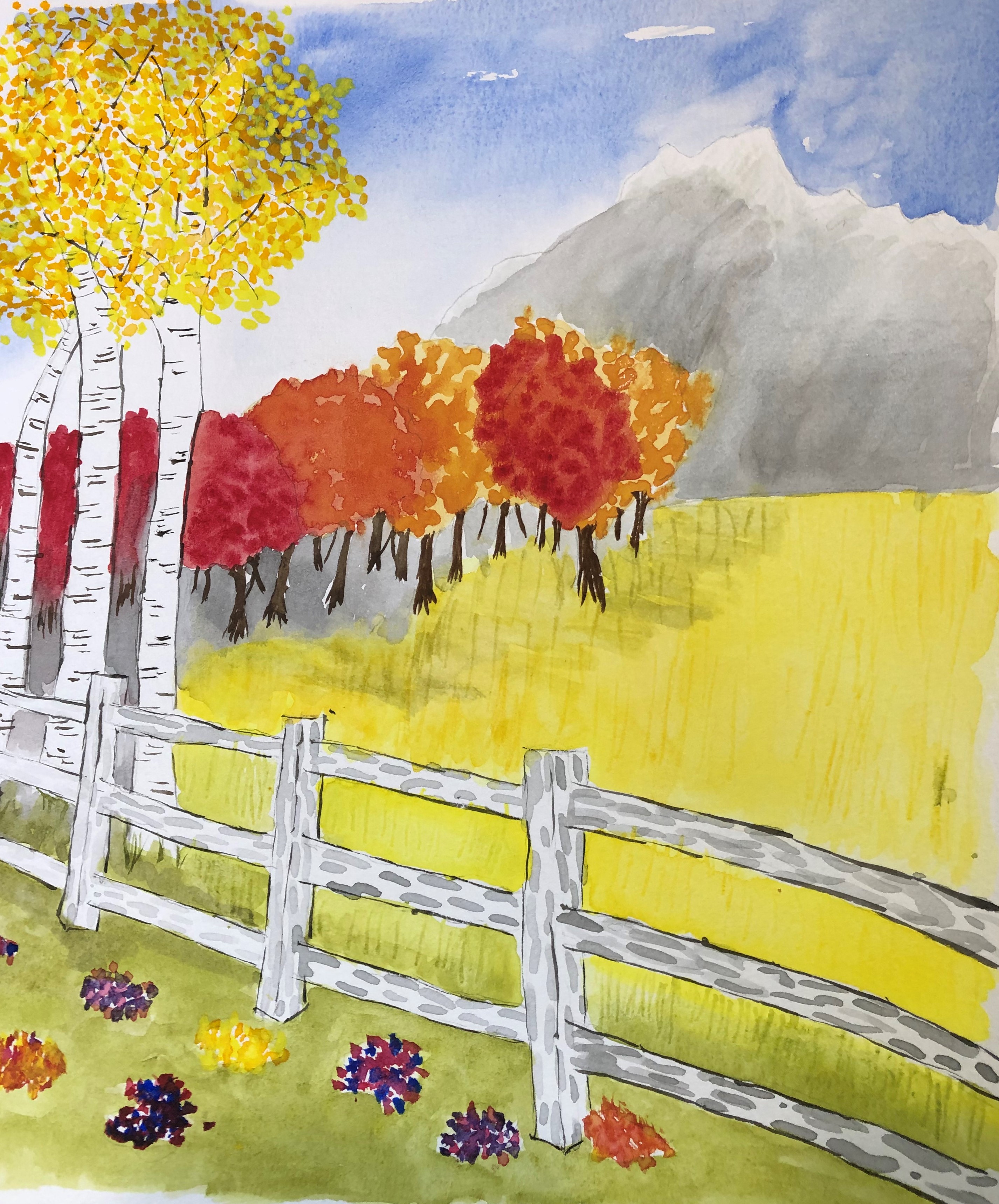 Watercolor painting of pasture with fence, skyline, and fall trees.
