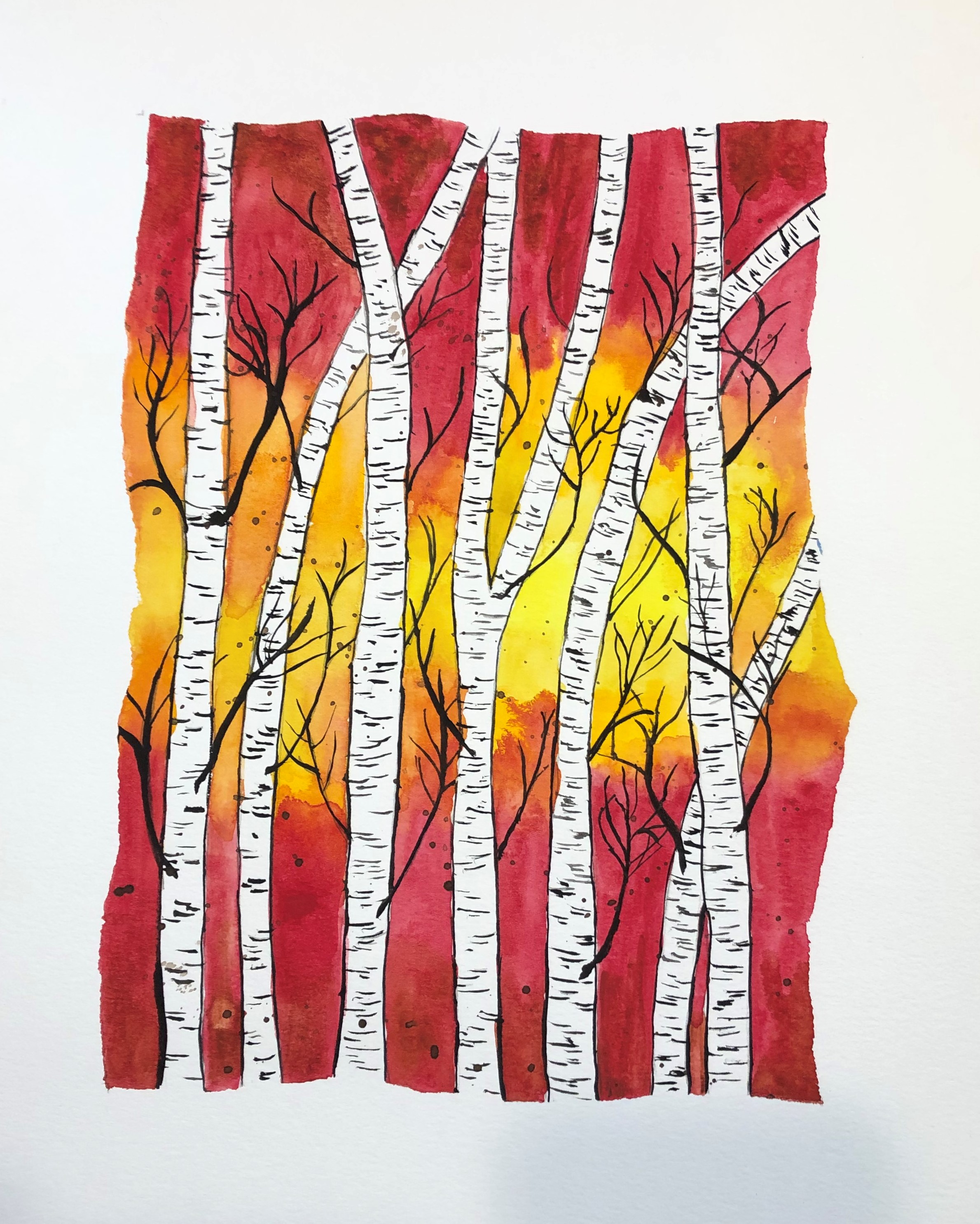 Watercolor painting of tree trunks on a red, orange, and yellow background