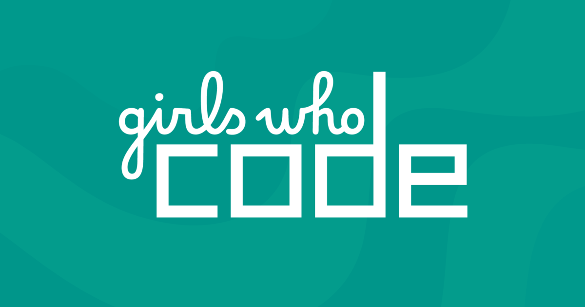 white text reading "Girls Who Code" on a green-blue background