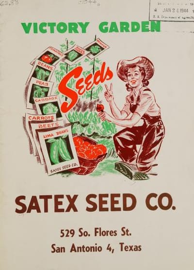 Advertisement for SATEX Seed Co featuring drawing of woman next to packets of seeds and the text Victory Garden.