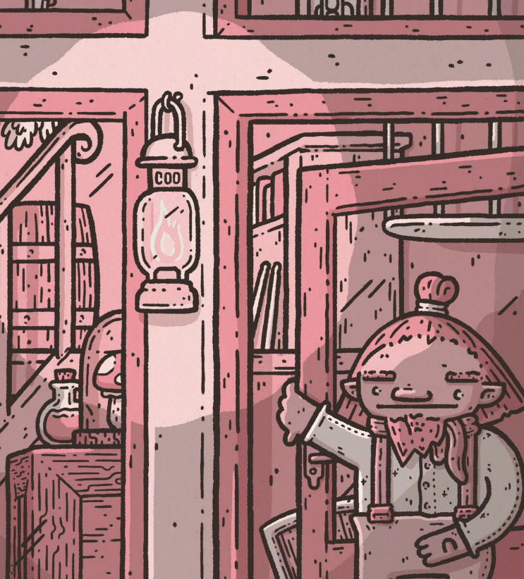 Pink illustration of goblin standing in doorway next to lantern