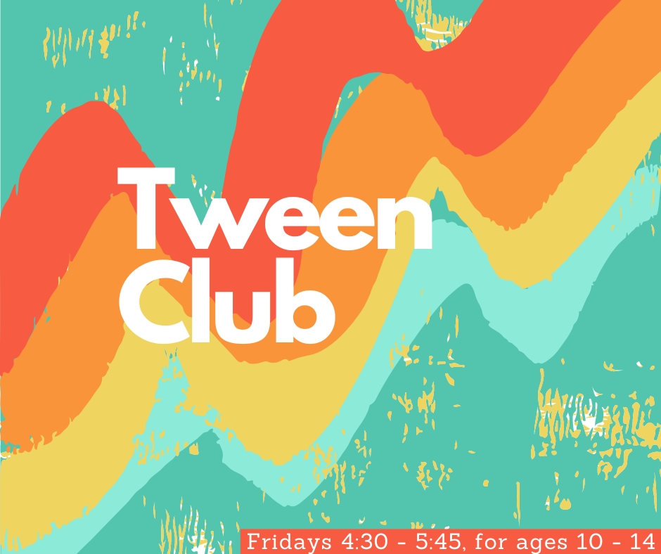a multi-colored background with white text reading "Tween Club" in the center