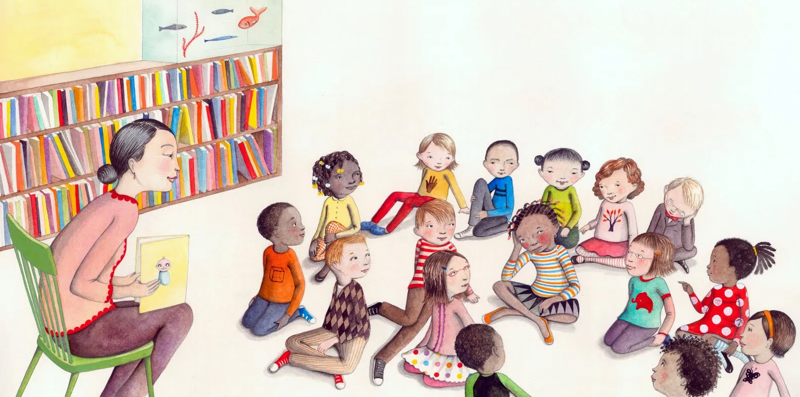 watercolor illustration of a woman reading to a diverse group of children seated on the floor