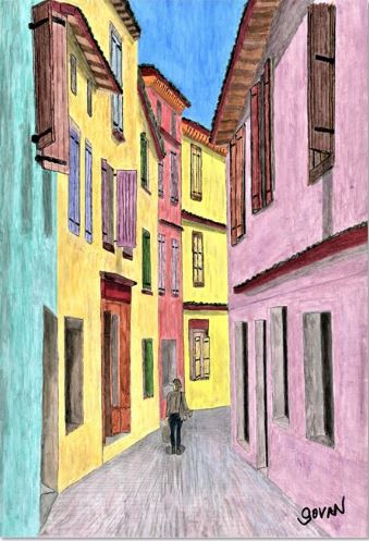 Drawing of turquoise, yellow, and pink buildings with person standing in the road