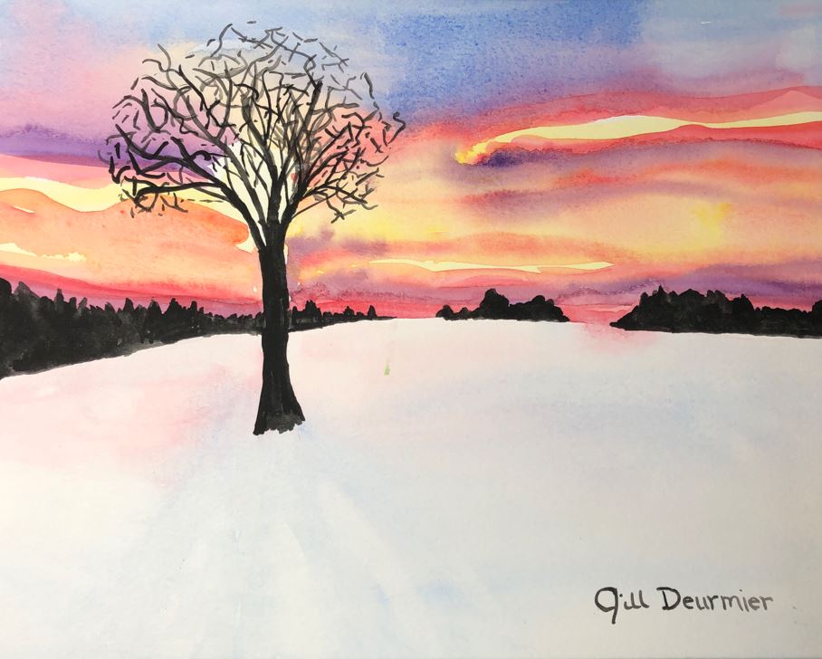 Watercolor painting of snowy scene with tree and sunset
