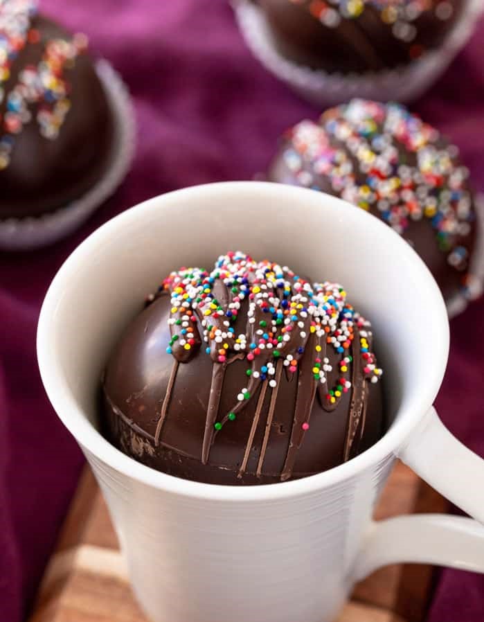 Hot chocolate bomb in a mug from https://www.spendwithpennies.com/hot-chocolate-bombs/