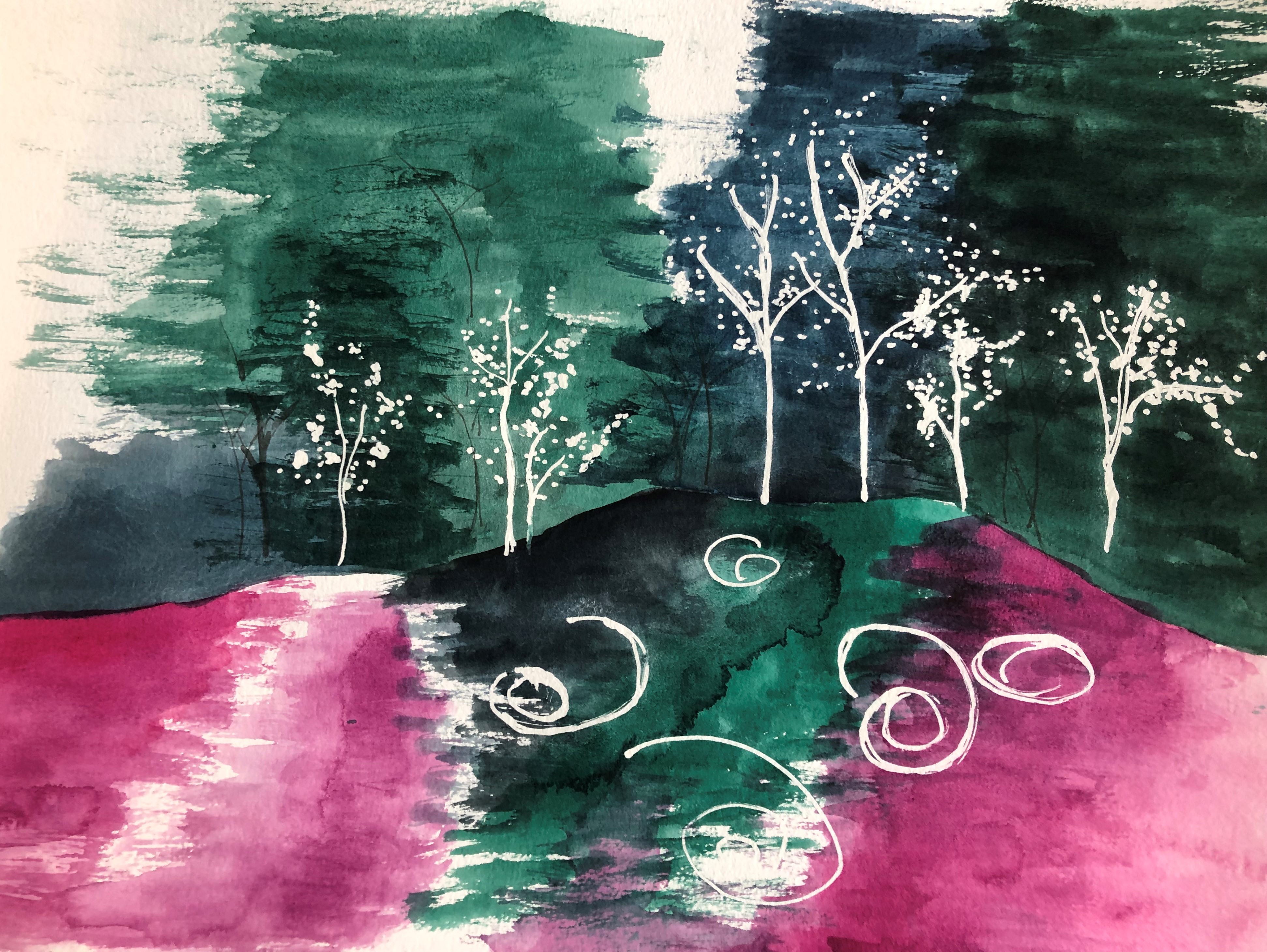White trees on a teal, dark blue, and pink background