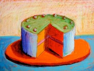 pastel drawing of a round cake with one slice cut out