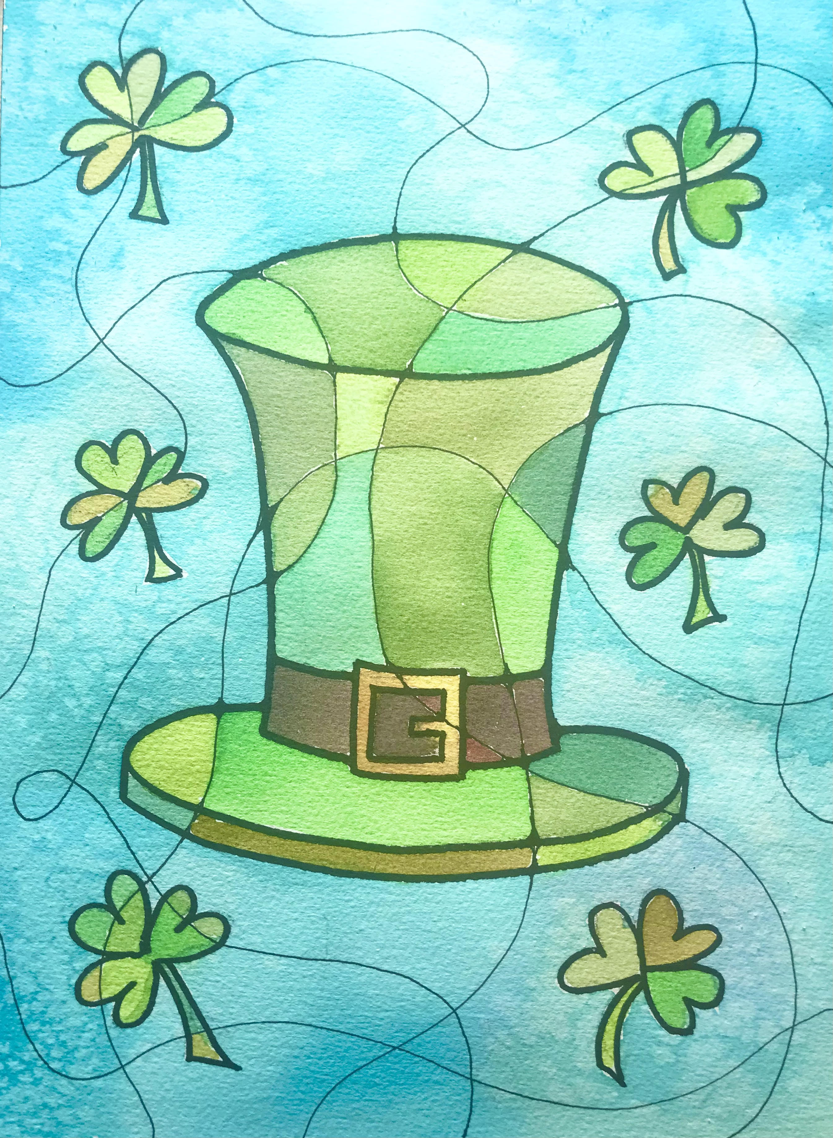 Watercolor painting of a green leprechaun hat and shamrocks on a blue background