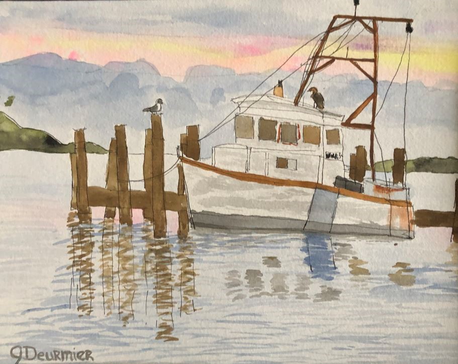 Watercolor painting of a boat at an ocean dock
