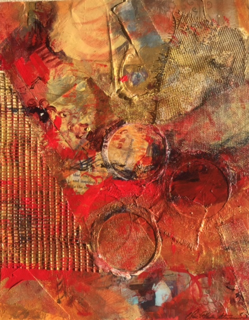 Red, orange, yellow, and gold mixed media art by Claire Rhodes Stevenson