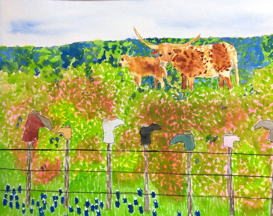 Watercolor painting of longhorns in field of grass