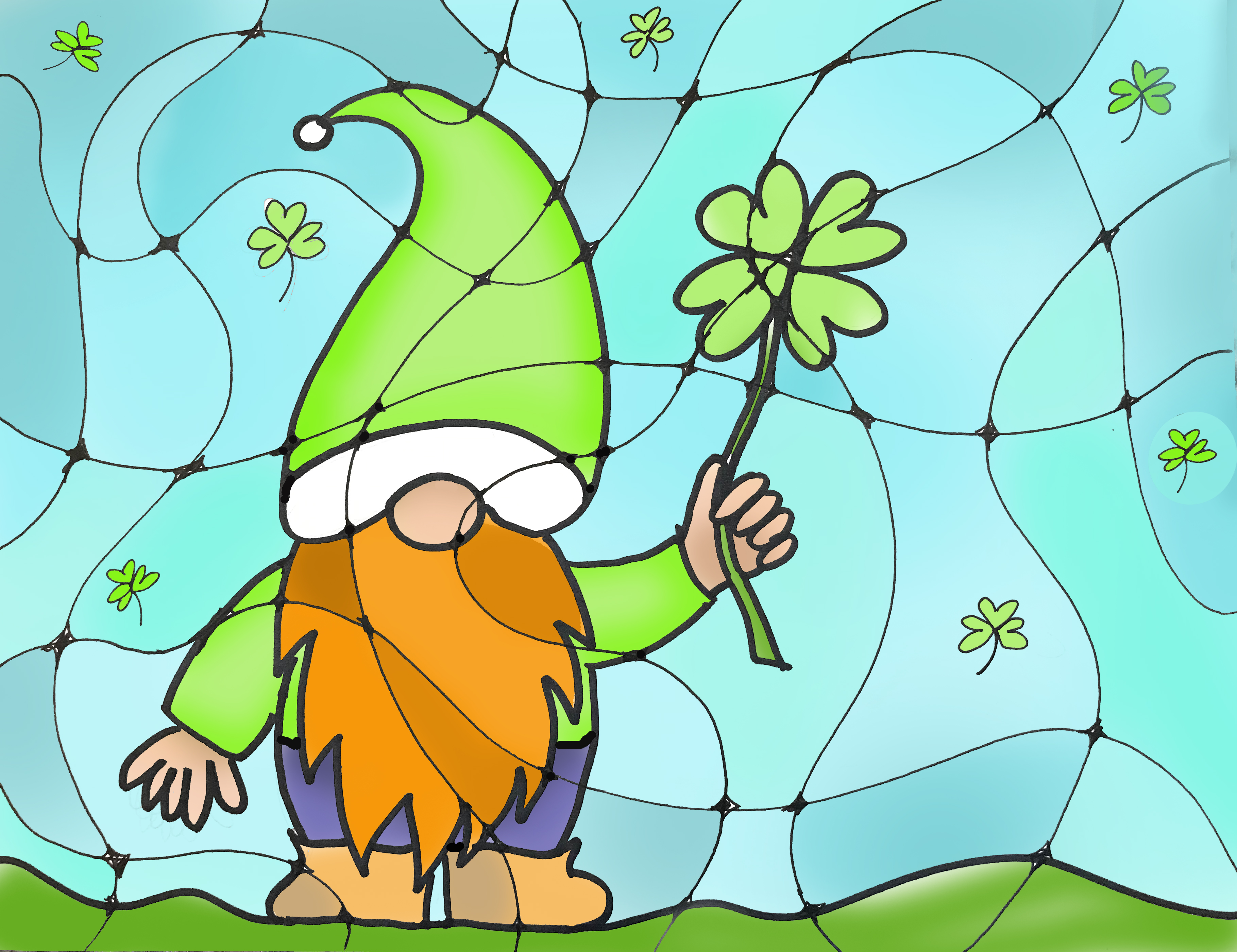 stained glass-esque watercolor gnome in shades of green