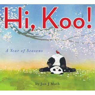 cover of the book "Hi, Koo!" by Jon J Muth featuring a playful panda and bright red letters for the title