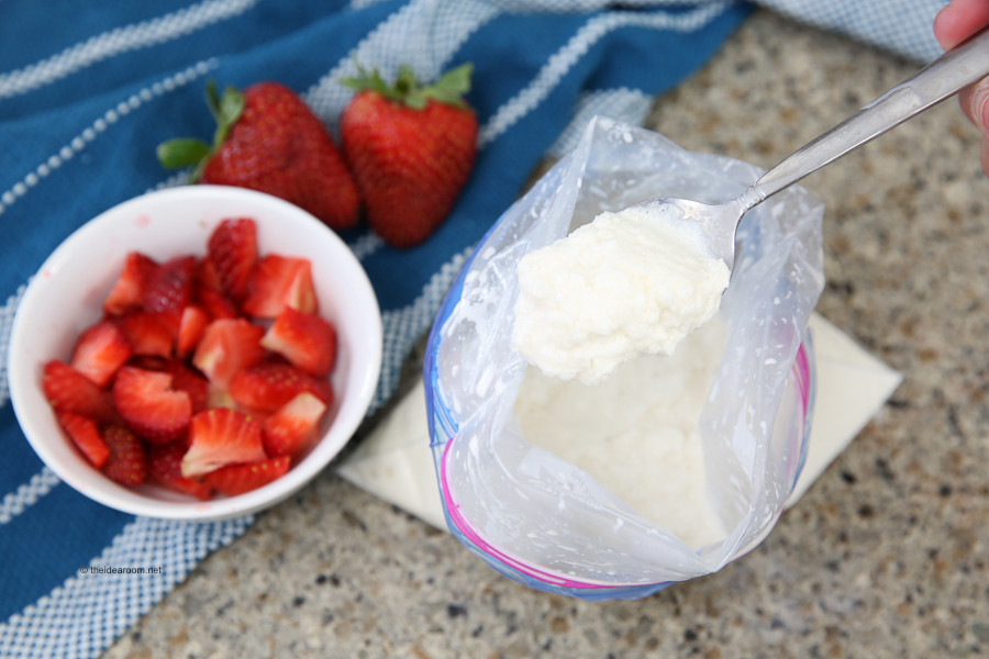 A photo of homemade ice cream and a bowl of strawberries