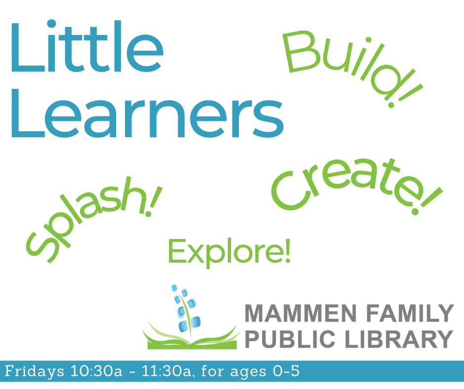 white square with blue text reading "Little Learners" and green text saying "Splash!" "Build!" "Create!" "Explore!"