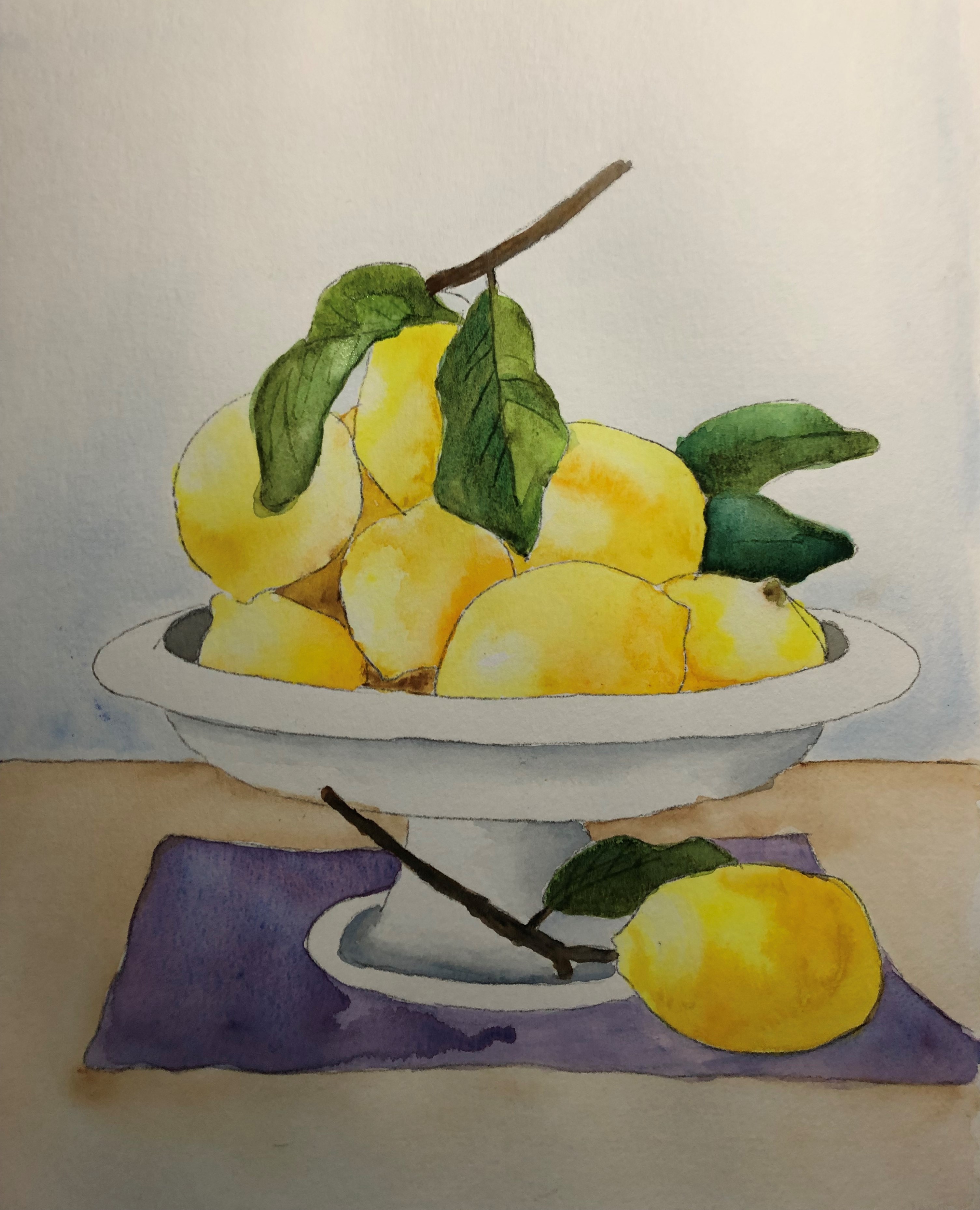 Watercolor painting of a bowl of lemons