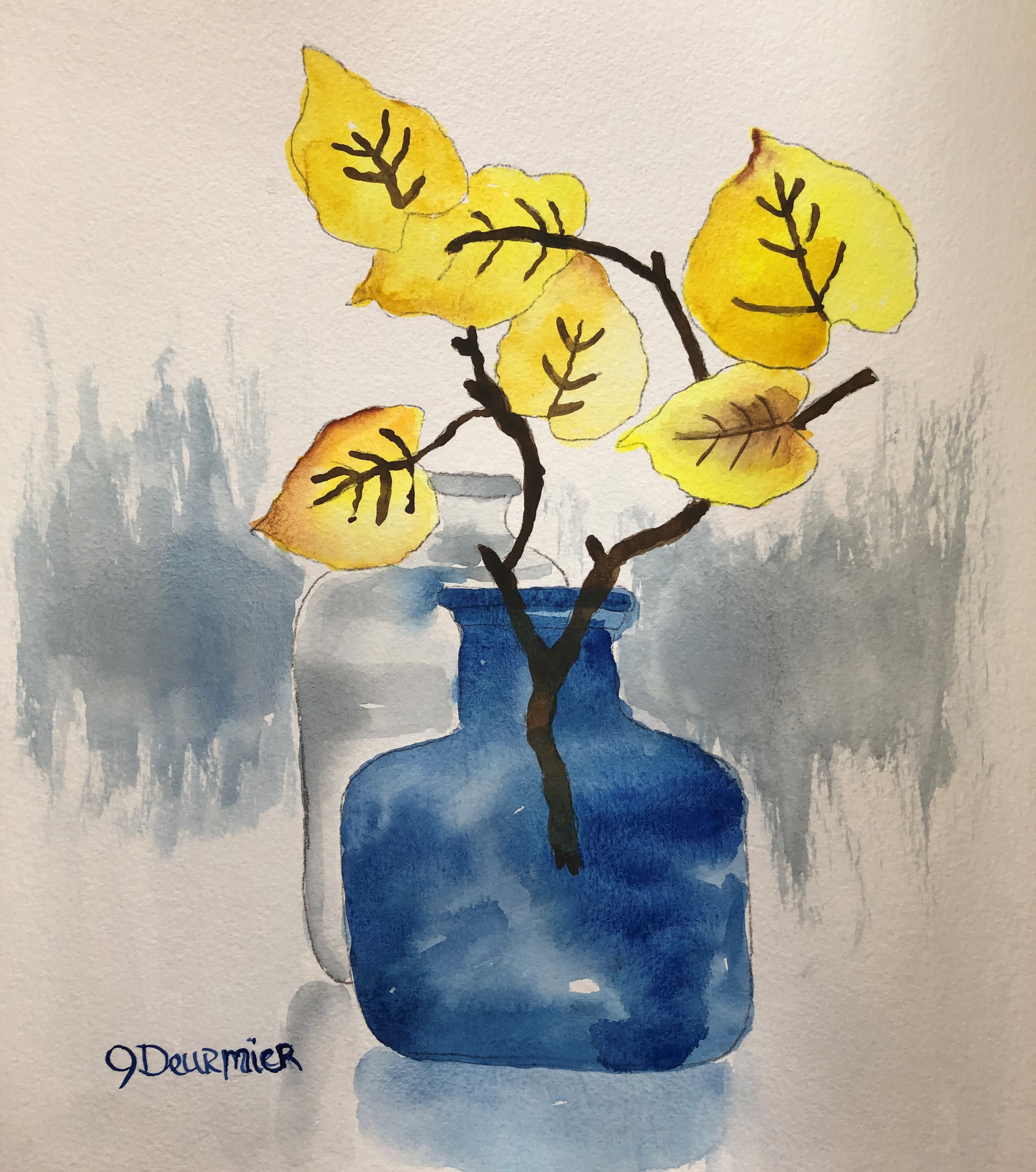 Watercolor painting of blue vase filled with yellow leaves