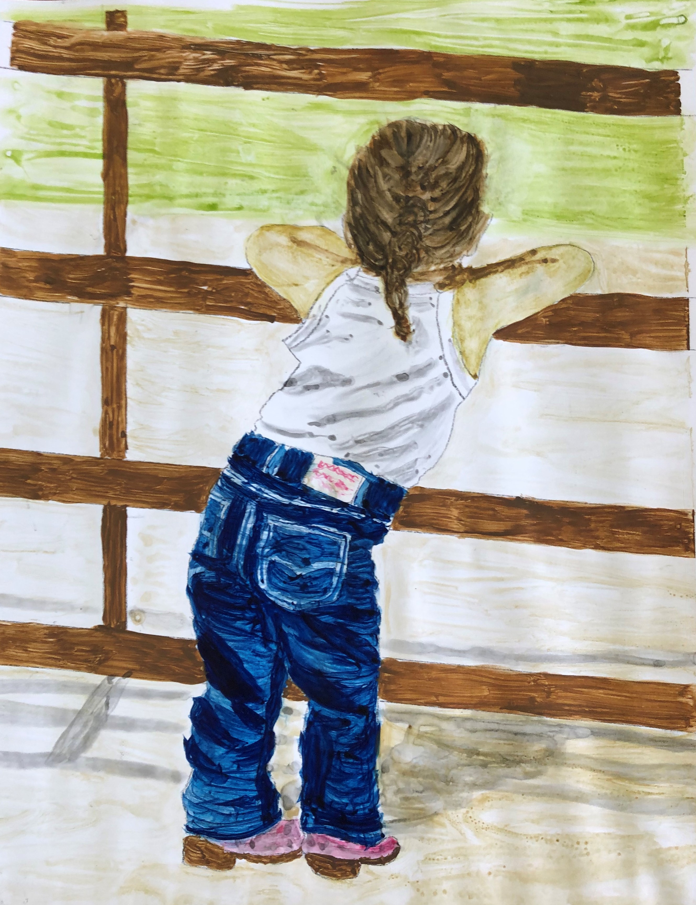 Watercolor painting of girl leaning against wooden fence
