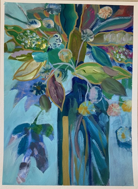 Acrylic painting of flowers in a vase in blues, greens, and golds