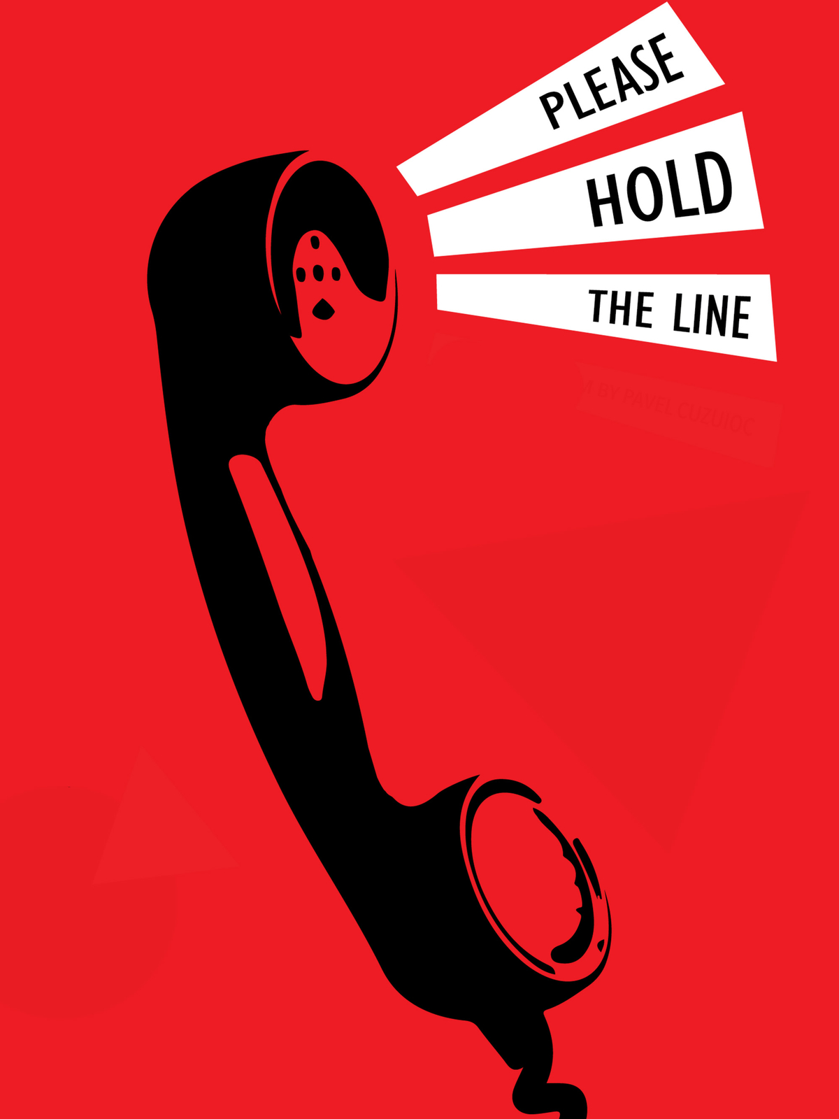 Graphic of a black phone on a red background with text that reads Please Hold the Line