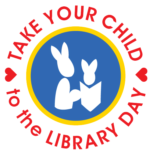 a blue circle with two white bunnies inside of it reading a book with the words "take your child to the library day"