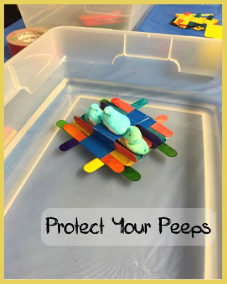 peeps on a floating raft of popsicle sticks
