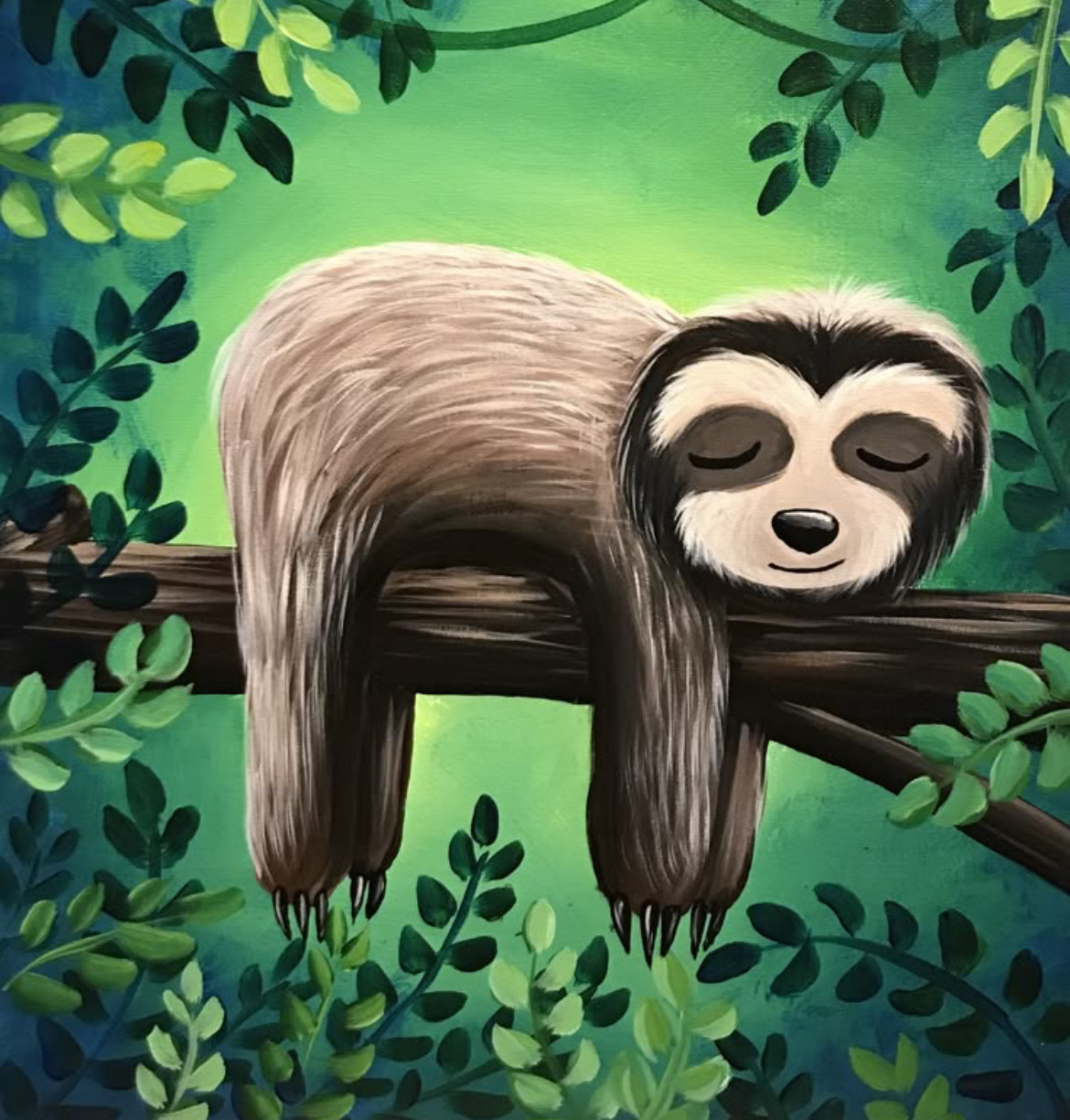 acrylic sloth on a tree branch
