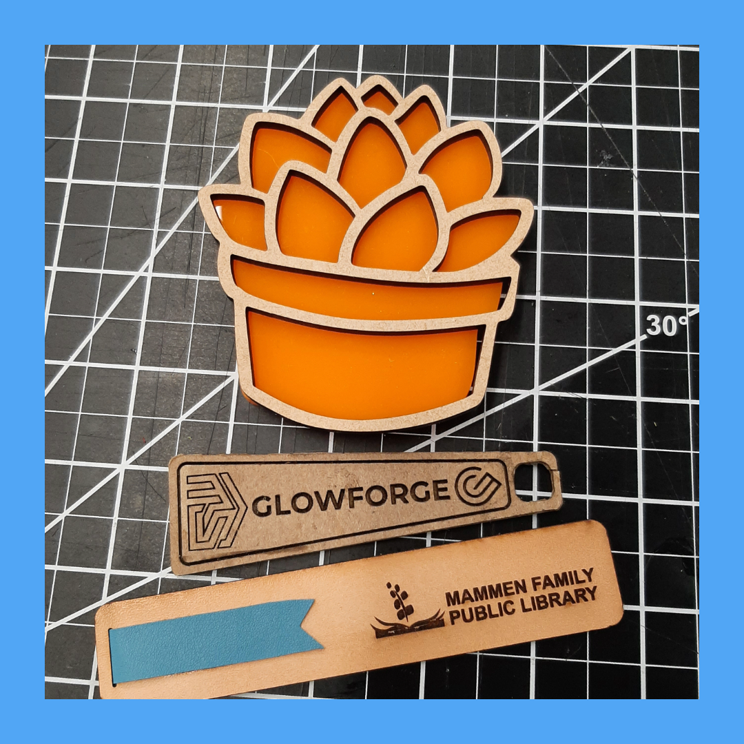 Sample Glowforge-Pro items made in the Mammen Family Public Library