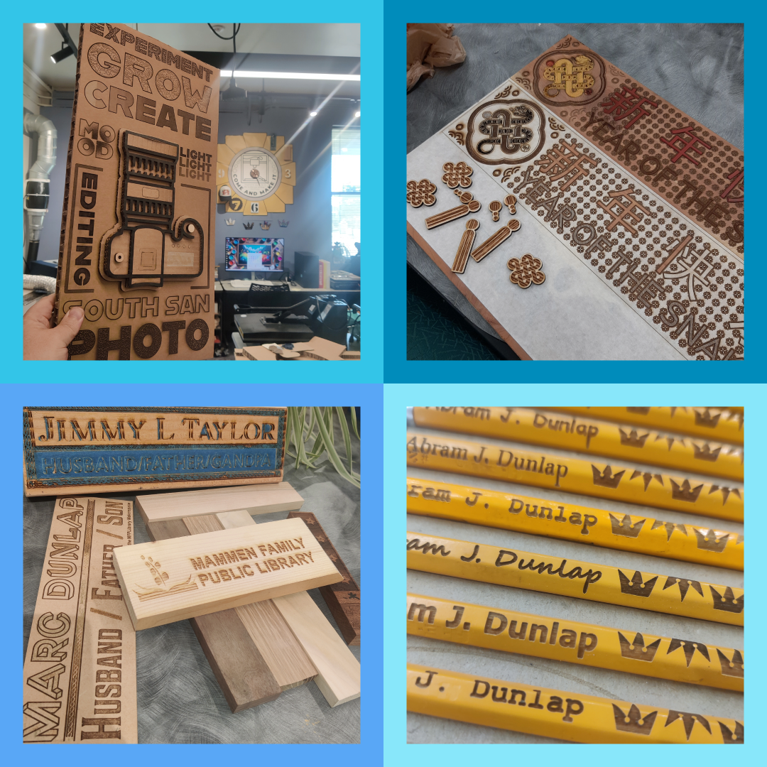 Patron made items, useing the Zing Epilog Laser Engraver in the Mammen Family Public Library's Makerspace