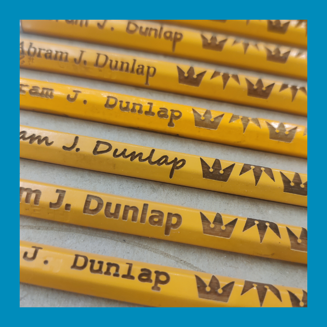Custom laser engraved pencils made in the Makerspace at the Mammen Family Public Library
