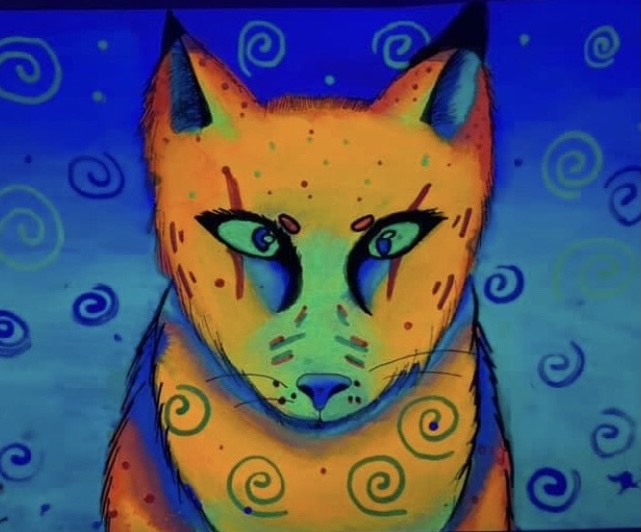 oil pastel cat in neon colors