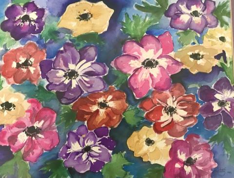 watercolor flowers in pink, yellow, purple, and red