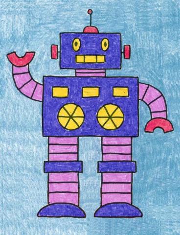 a pink and purple robot waves a semi-circle shaped hand