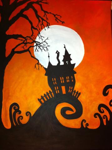 a silhouette of a haunted house in front of a full moon and orange sky