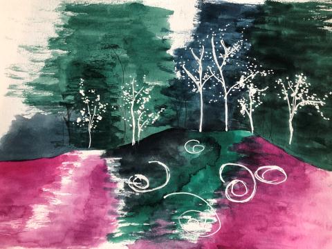 White trees on a teal, dark blue, and pink background