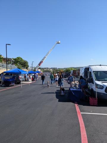 library parking lot with fire engine and other vehicles