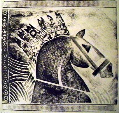 Collagraph print of a horse with crown