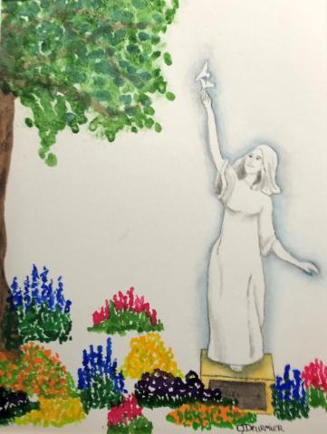 Watercolor painting of statue with flowers