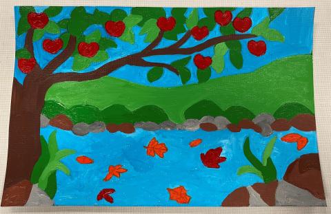 Paint by numbers painting of an apple tree and river