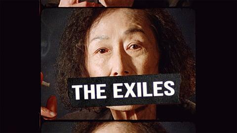 Woman with black and white text that says The Exiles over her mouth