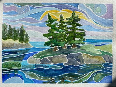 Watercolor painting of trees and water