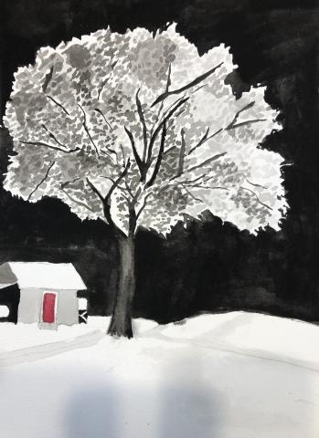 Watercolor painting of a black and white tree, snow, and shed with red paint