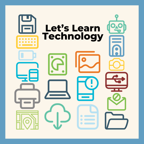 Let's Learn Technology graphic with colorful illustrations of computer devices