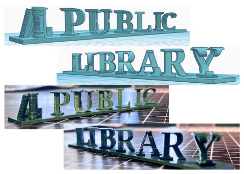 3D printed anamorphic ambigrams that says "Public" from one angle and "Library" from the other angle