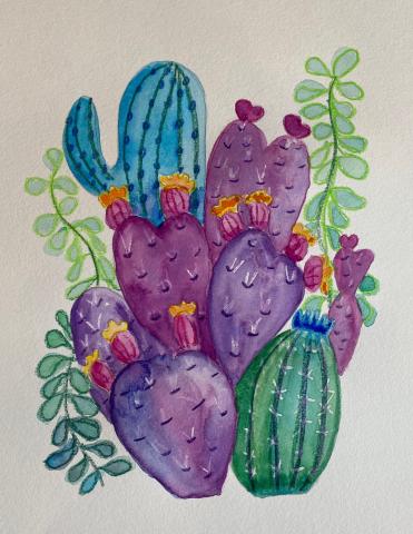 Painting of heart shaped cacti made with watercolors and crayons