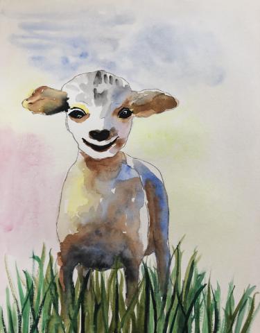 Watercolor painting of a lamb standing in grass