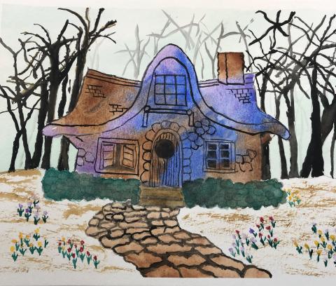 Watercolor painting of a cottage in the woods