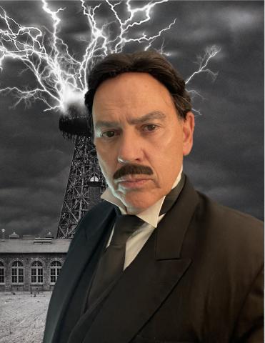 Duffy Hudson dressed as Nikola Tesla with lightening graphic in background
